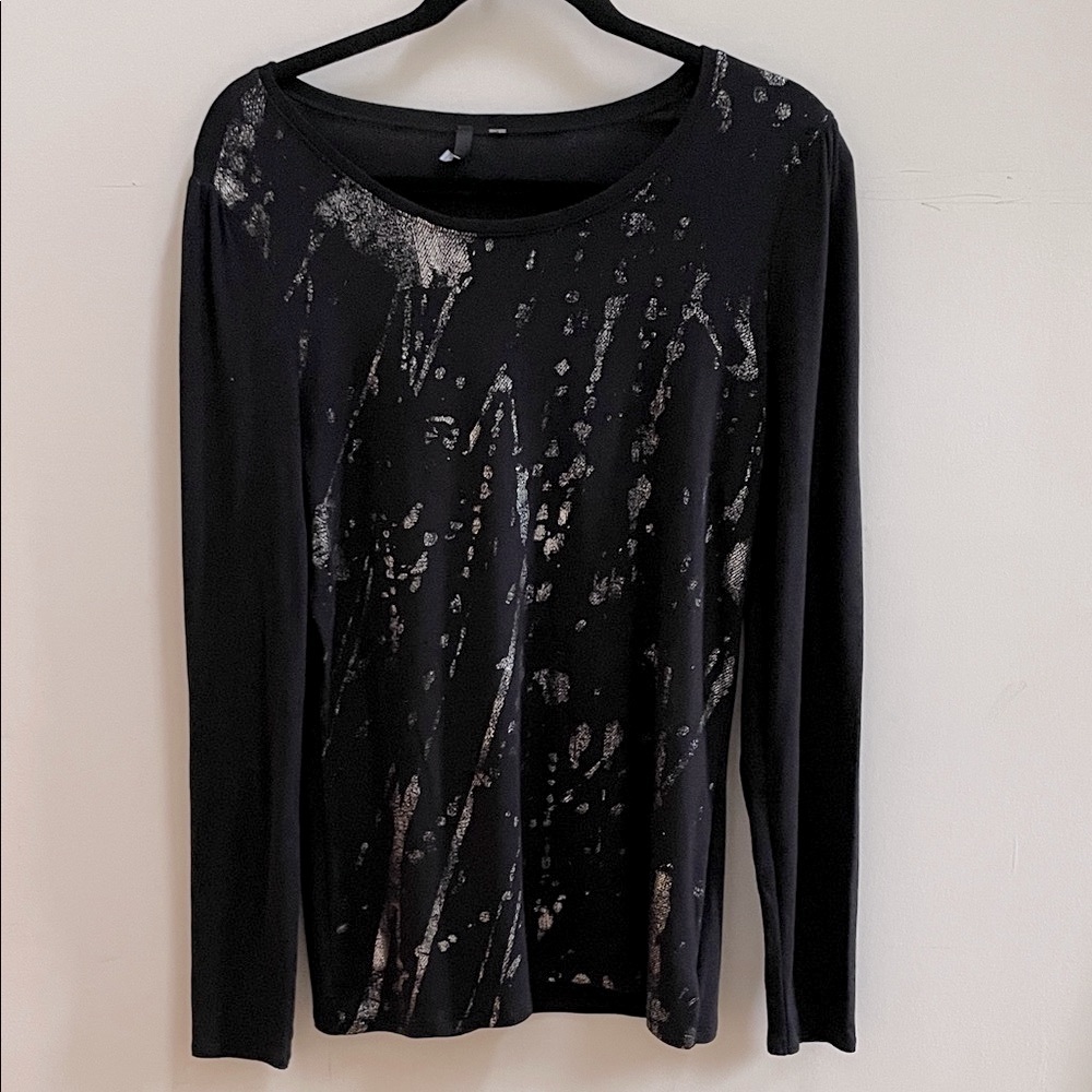 Elie Tahari Black Gold Metallic Paint Splatter Foil Long Sleeve Top Small